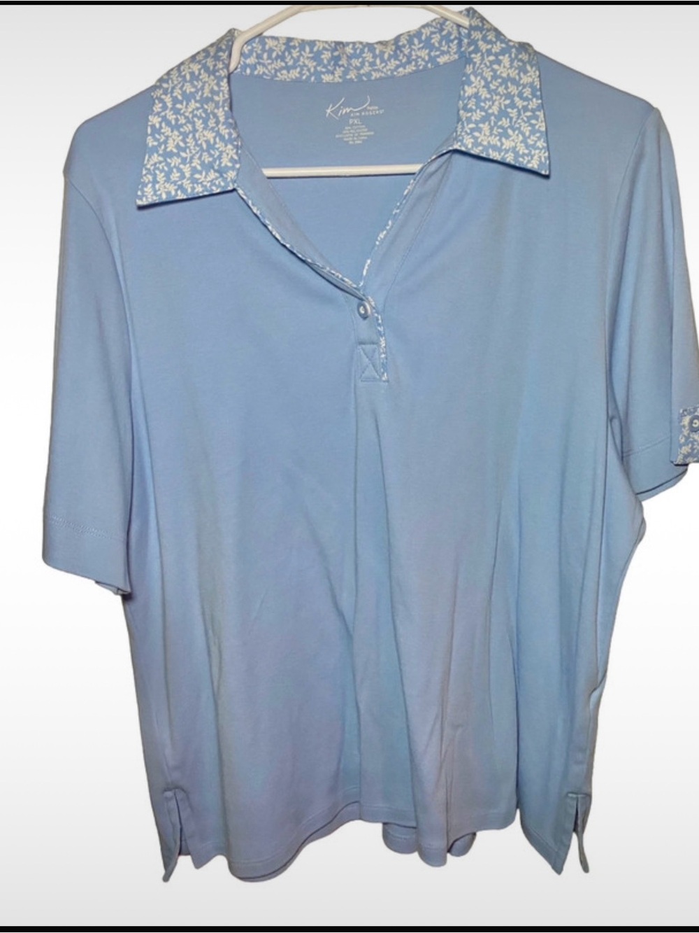 Kim Rogers Light Blue Polo Top with Floral-Trim Collar